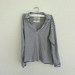 Frank & Eileen, Striped Collared Long Sleeve Shirt, Medium, White/ Navy Blue